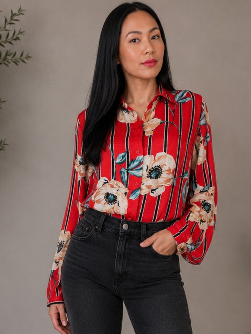 Express Red and White Graphic Blouse with Notched Collar.